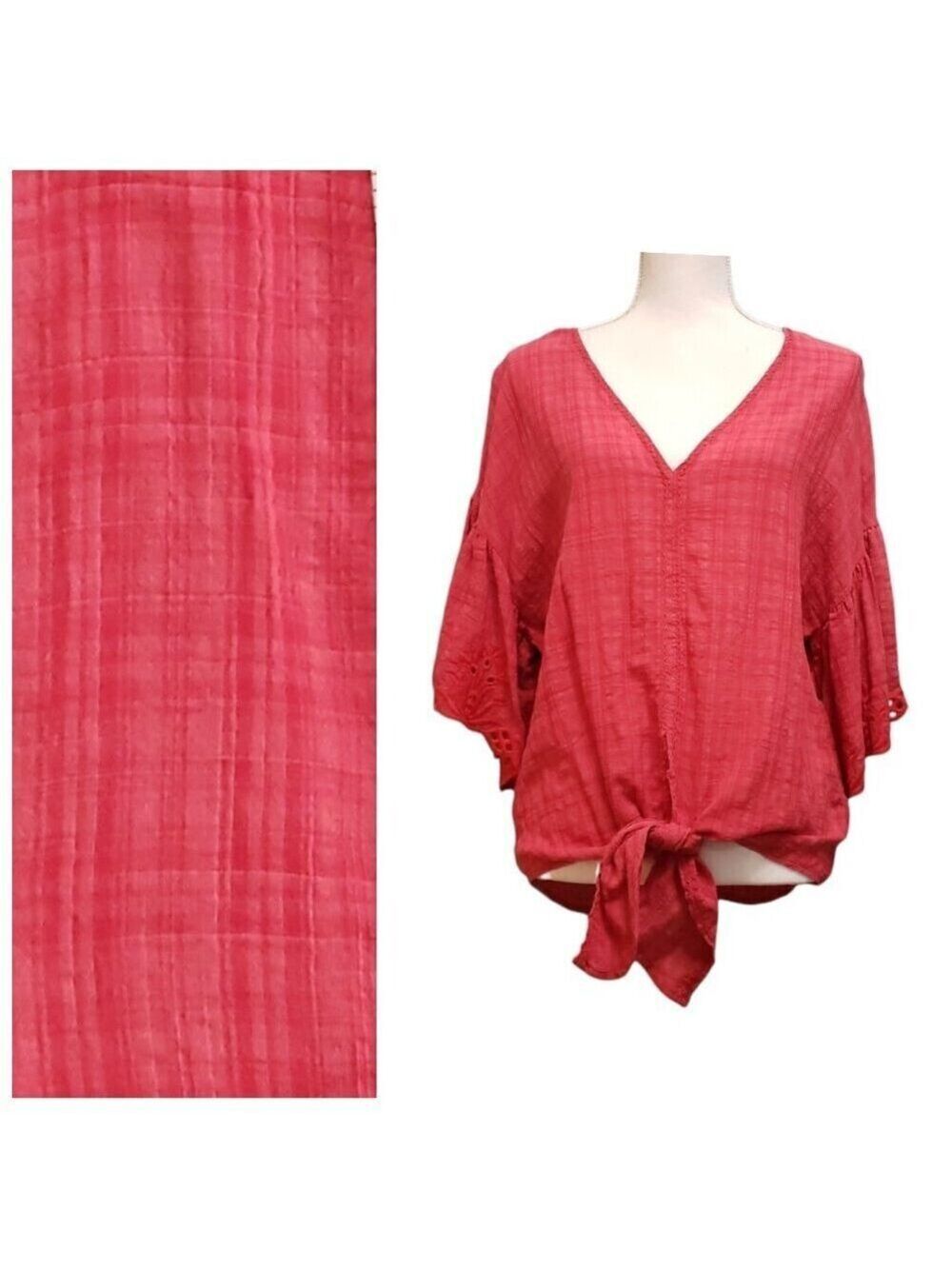 MAX STUDIO Women's Red Eyelet Sleeve Tie-Front Blouse Size L
